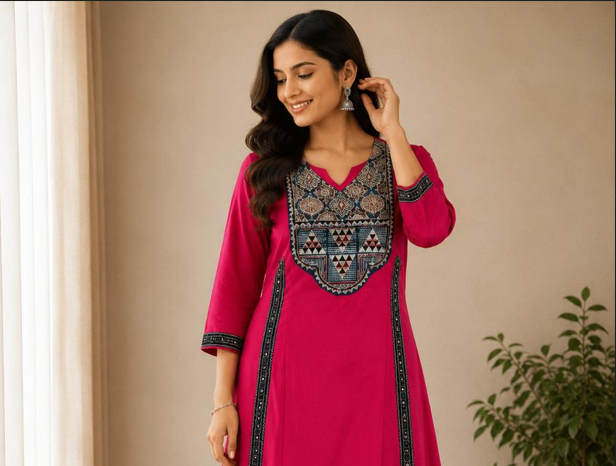 Model wearing a premium printed cotton kurti set with palazzo by WELL MADE